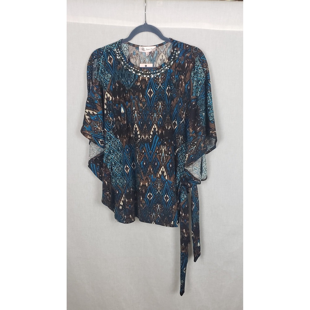 Jorge Perez Embellished Neck Kaftan Tunic Top Teal Brown Geometric‎ Print Sash